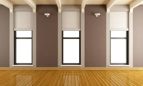 Brown empty room with three windows Stock Illustration