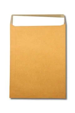 Brown envelope document with paper on white background Stock Photos