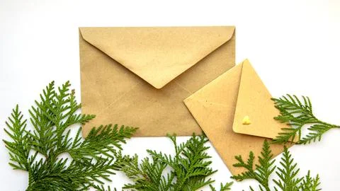 Brown envelope on a white background and a sprig of evergreen cypress. Chri.. Stock Photos