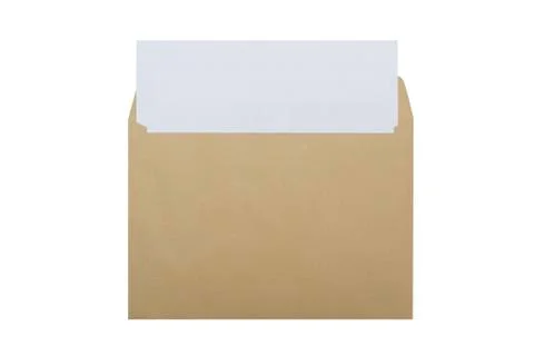 Brown envelope with a white  blank sheet, isolated white in the studio. Stock Photos