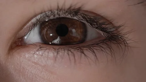 Brown eye. The iris of the human eye is narrowed.  Stock Footage 239475311