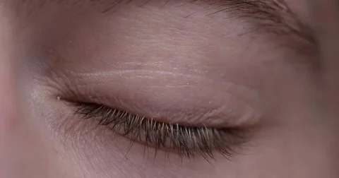 Brown Eye Opening, Blinking, and Looking Around Macro Stock Footage 73080027