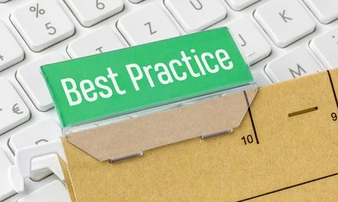 A brown file folder labeled Best Practice Stock Photos