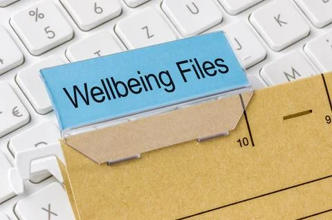A brown file folder labeled with Wellbeing Files Photos