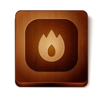 Brown Fire flame icon isolated on white background. Wooden square button. Vector Stock Illustration