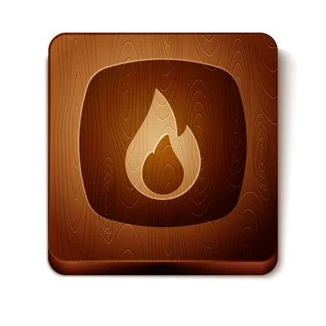 Brown Fire flame icon isolated on white background. Wooden square button. Vector Stock Illustration
