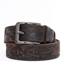 Brown fish pattern leather belt buckle vertical close up Stock Photos