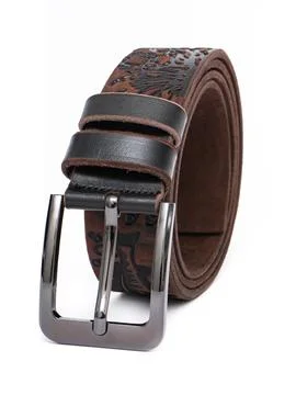 Brown fish pattern leather belt buckle side view coiled Stock Photos