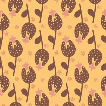 Brown flower on yellow background simple monochrome seamless pattern Stock Illustration