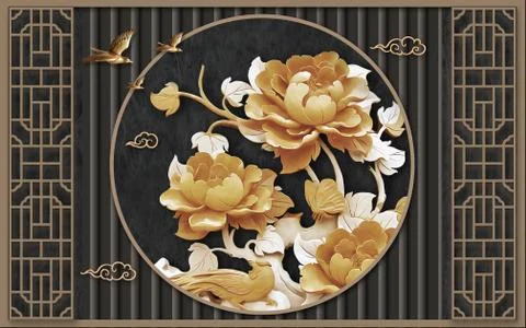 Brown frames on a dark background, large beige ceramic abstract flowers Stock Illustration