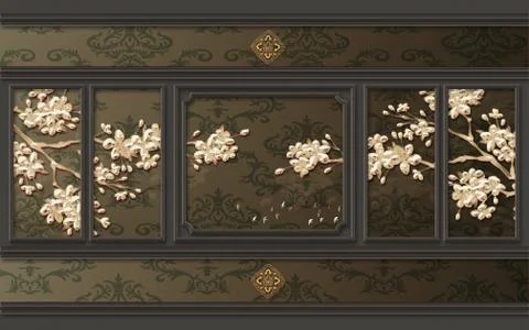 Brown frames on a dark ornamental background, bright abstract golden flowers Stock Illustration