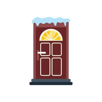 Brown front door covered with snow, winter home entrance Stock Illustration