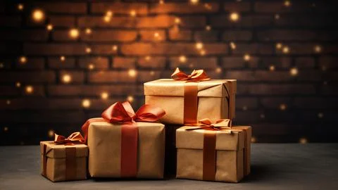 Brown Gift Boxes with Orange Ribbons and Bokeh Stock Photos