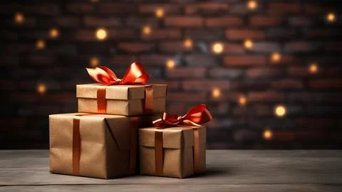 Brown Gift Boxes with Orange Ribbons and Bokeh Stock Photos