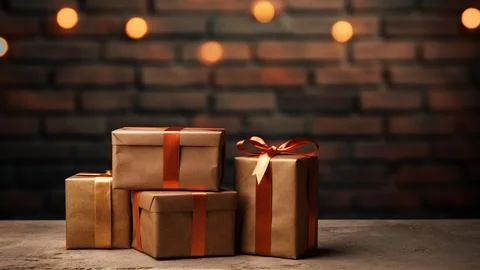 Brown Gift Boxes with Orange Ribbons and Bokeh Stock Photos