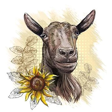 Brown goat with sunflowers design vector illustration Stock Illustration