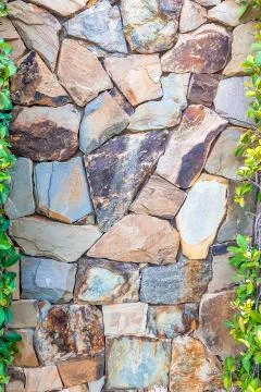 Brown gray stone wall with green leaves on both sides. Background. Stories Stock Photos