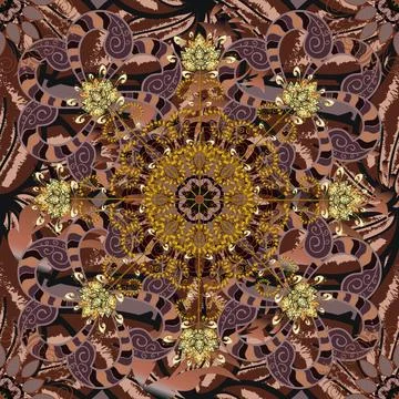 Brown, gray. Vector Mandala with hand drawn elements and flowers in Arabic, Indi Stock Illustration