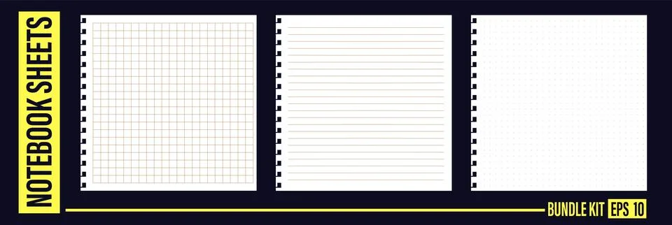 Brown grid line dot pattern notepad texture square paper sheet bg set. Realistic Illustrazione stock
