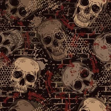 Brown grunge camouflage pattern with human skulls Stock Illustration