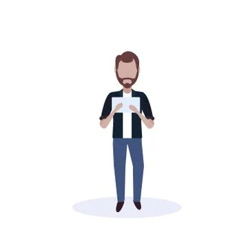 Brown hair man using tablet standing pose isolated faceless silhouette male イラスト素材