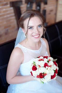 Brown-haired bride with classic wedding hairstyle, smiling taking wedding Stock Photos