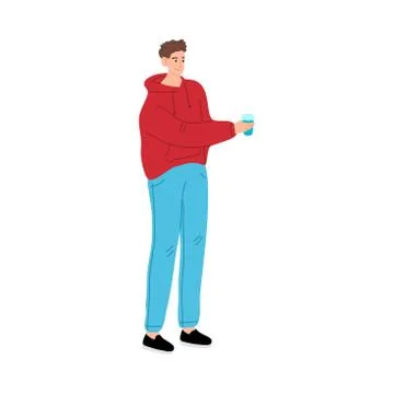The brown-haired young man in red shirt standing with a glass of water. Vector Illustrazione stock