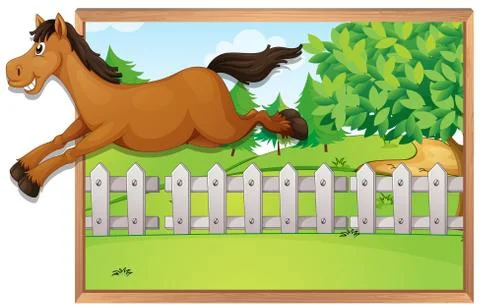 Brown horse jumping over the fence Ilustración de archivo