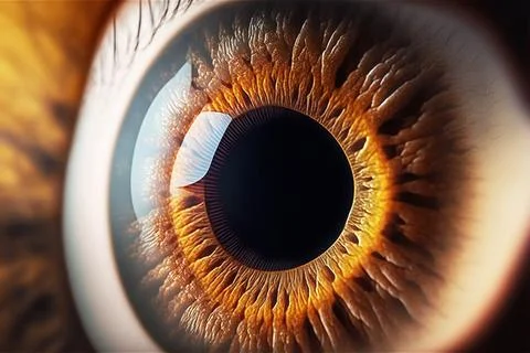 Brown human eye macro closeup with eyeball, iris and reflection light. Stock Illustration