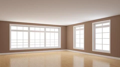 Brown Interior of the Empty Room with Three Windows, Light Glossy Parquet Floor Stock Illustration