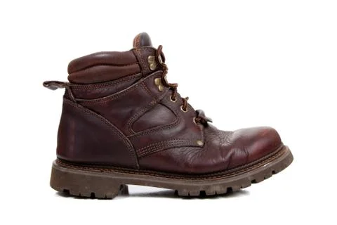 A brown leather hiking boot on white Stock Photos