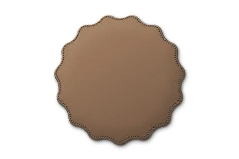 Brown leather label circle shape with stitches. Leather patch with seam. Ve.. 스톡 일러스트