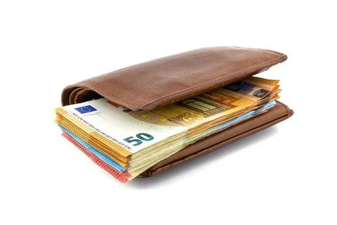 Brown leather mens wallet with a stack of Euro banknotes inside, isolated on  Stock Photos