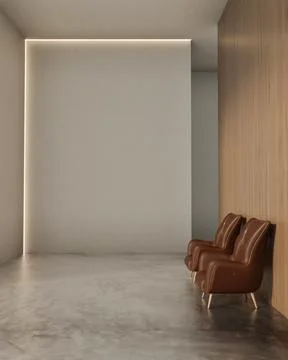 Brown leather sofa chairs on grey cement stone floor in hallway corridor in.. Stock Illustration