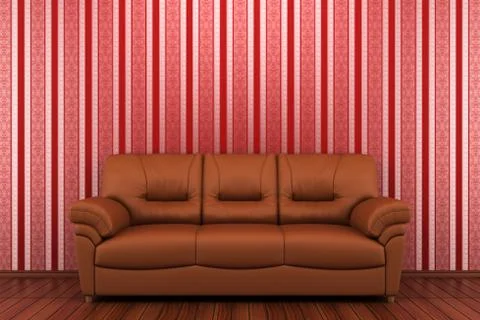 Brown leather sofa in front of red stripped wall Stock Illustration