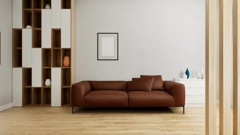 Brown leather sofa in the interior. 3d animation. Stock Footage 194431644