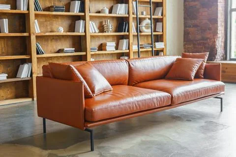 Brown leather sofa in loft library interior with wooden bookshelves, books .. Foto stock