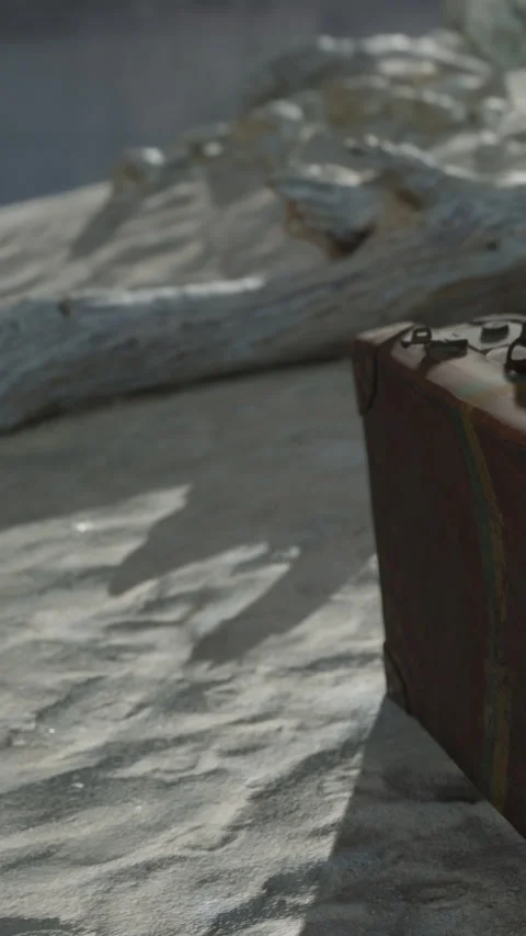 Brown leather suitcase rests on a textured surface with soft shadows Stock Footage 340871019