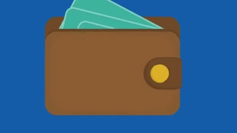 Brown leather wallet animation with green currency notes on blue background loop Stock Footage 332067146