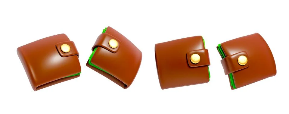 Brown Leather Wallet with Button Closure 3d render illustration icon set Illustrazione stock