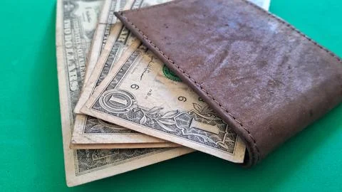 Brown leather wallet holding multiple American dollar bills on green background Stock Photos