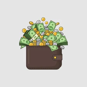 A brown leather wallet is stuffed full with green dollar bills and stacks of 库存插图