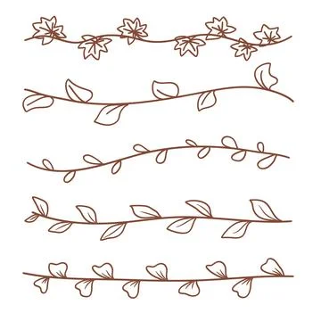 Brown Leaves on Branch One Continuous Vines Horizontal Line Art Drawing Col.. 스톡 일러스트