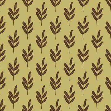 Brown leaves branches seamless doodle pattern in simple style. Light olive gr Illustrazione stock