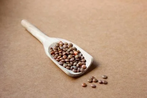 Brown lentils on wooden scoop - natural colors - brown background Stock Photos