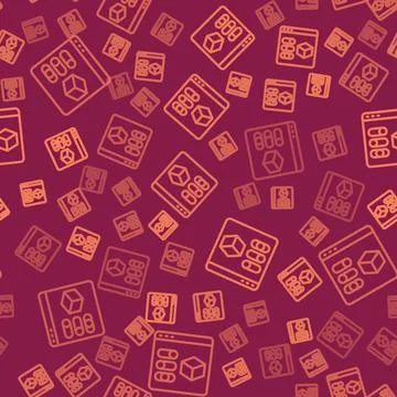 Brown line 3D printer icon isolated seamless pattern on red background. 3d Stock Illustration