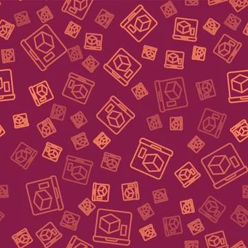 Brown line 3D printer icon isolated seamless pattern on red background. 3d Stock Illustration