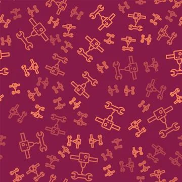 Brown line 3D printer wrench spanner icon isolated seamless pattern on red Stock Illustration