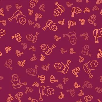 Brown line 3D scanner with cube projection icon isolated seamless pattern on red 스톡 일러스트