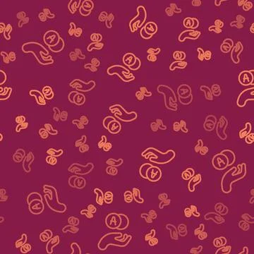 Brown line Atom icon isolated seamless pattern on red background. Symbol of Illustrazione stock